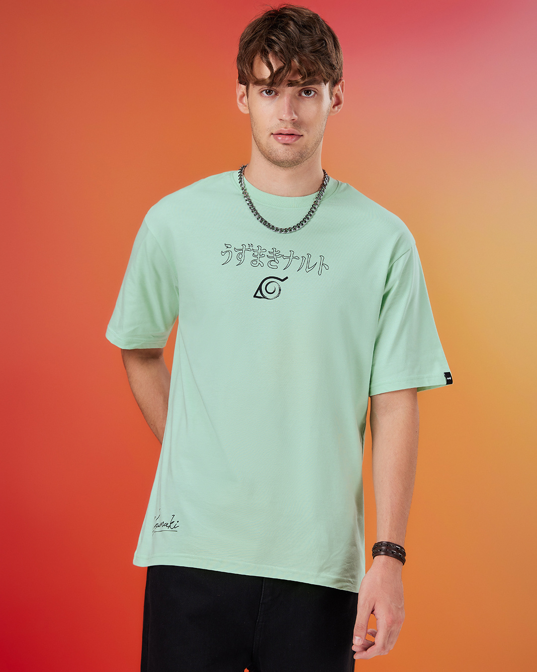 Shop Men's Green Hidden Leaf Naruto Graphic Printed Oversized T-shirt-Back
