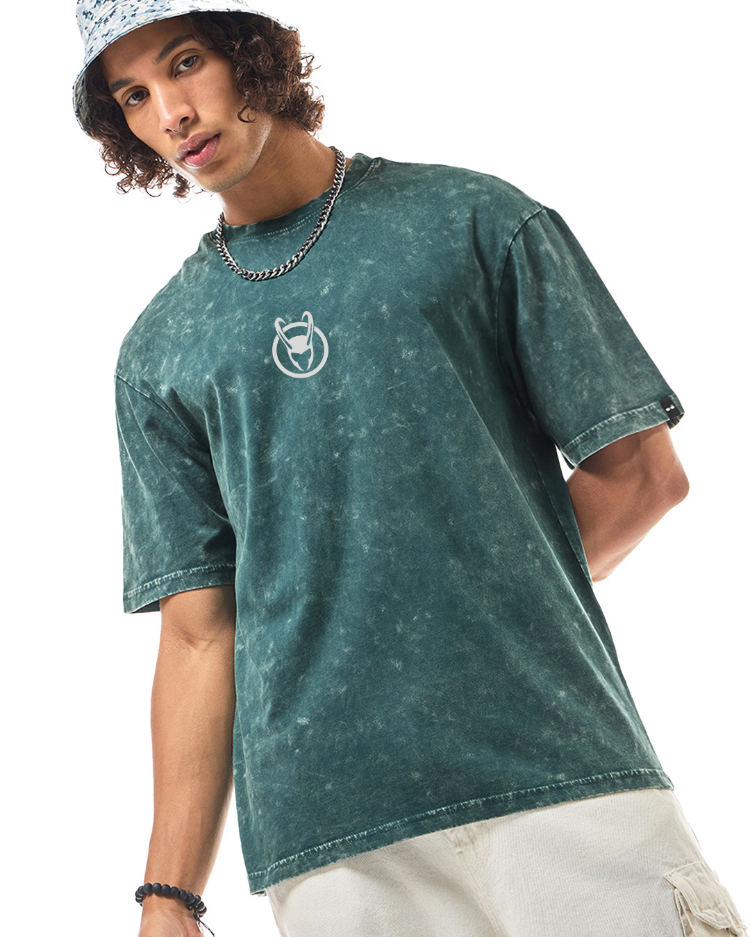 Shop Men's Green Loki Graphic Printed Oversized Acid Wash T-shirt-Back