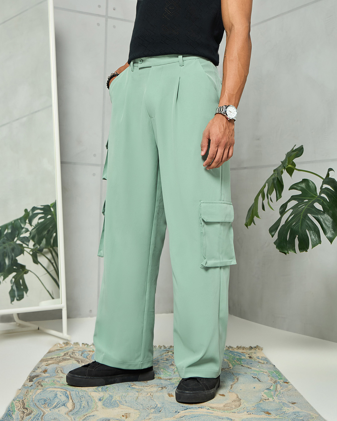 Shop Men's Green Loose Fit Cargo Korean Pants-Back