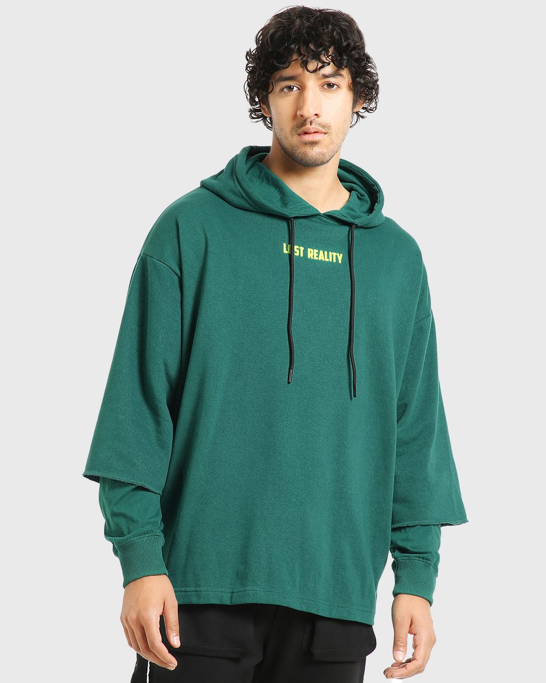 Shop Men's Green Lost Reality Typography Super Loose Fit Hoodie-Back
