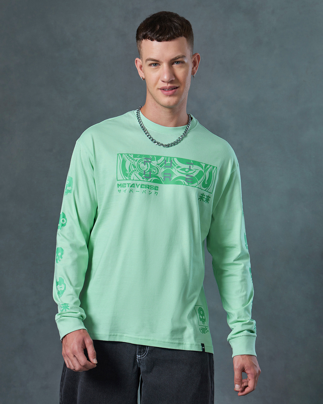 Shop Men's Green Metaverse Graphic Printed Oversized T-shirt-Back