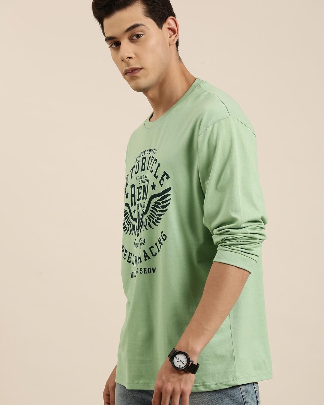 Shop Men's Green Motorcycle Typography Oversized T-shirt-Back