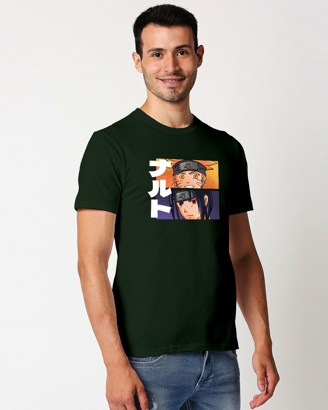 Shop Men's Green Naruto & Sasuke Graphic Printed Cotton T-shirt-Back