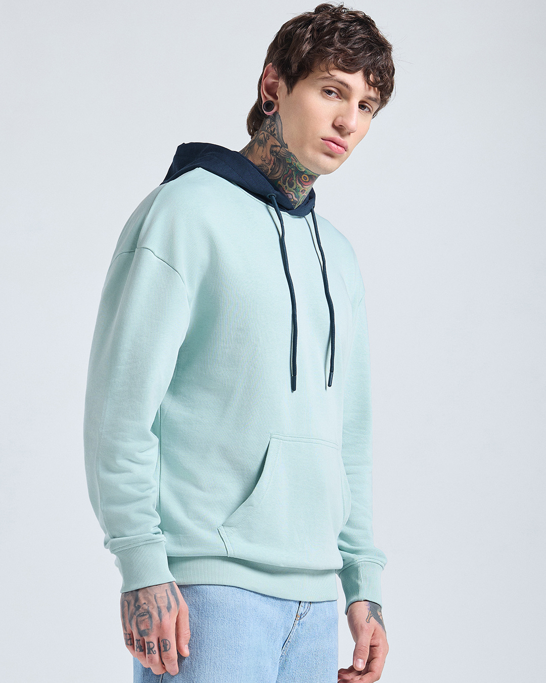 Shop Men's Green & Navy Blue Oversized Hoodies-Back
