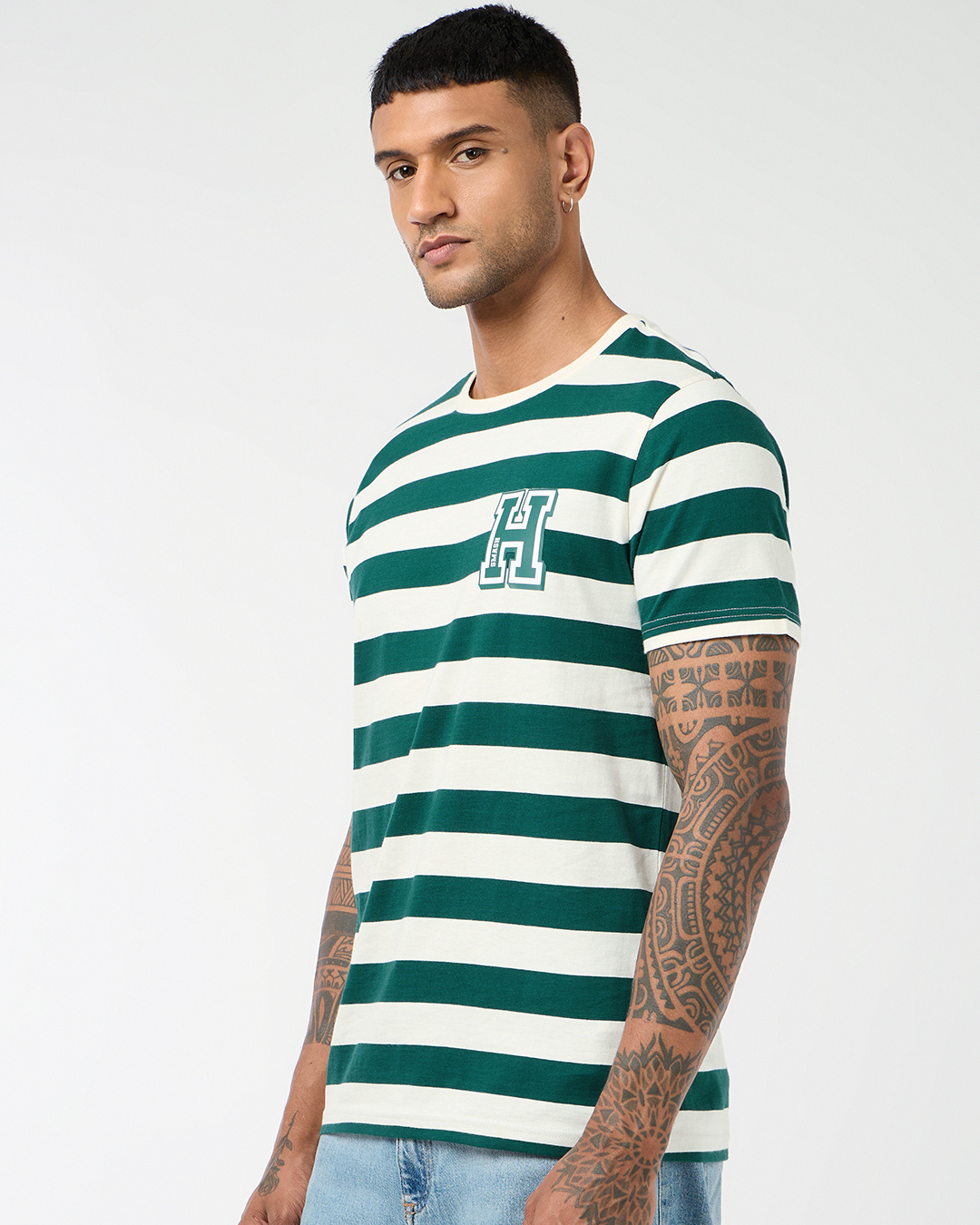 Shop Men's Green & Off White Striped T-shirt-Back