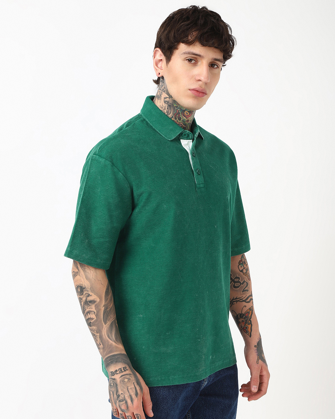 Shop Men's Green Oversized Acid Wash Polo T-shirt-Back