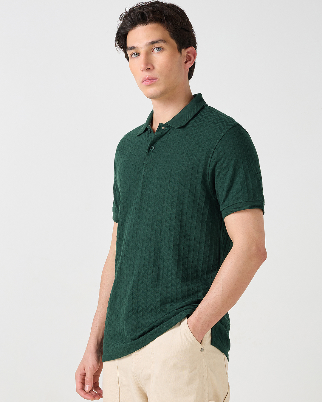 Shop Men's Green Textured Korean Polo T-shirt-Back
