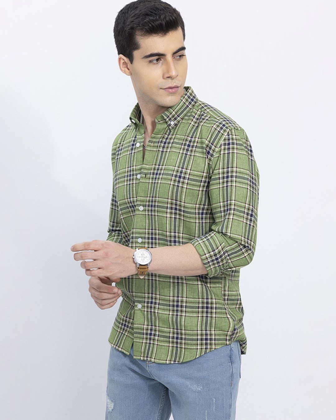 Shop Men's Green Portrait Checked Slim Fit Shirt-Back