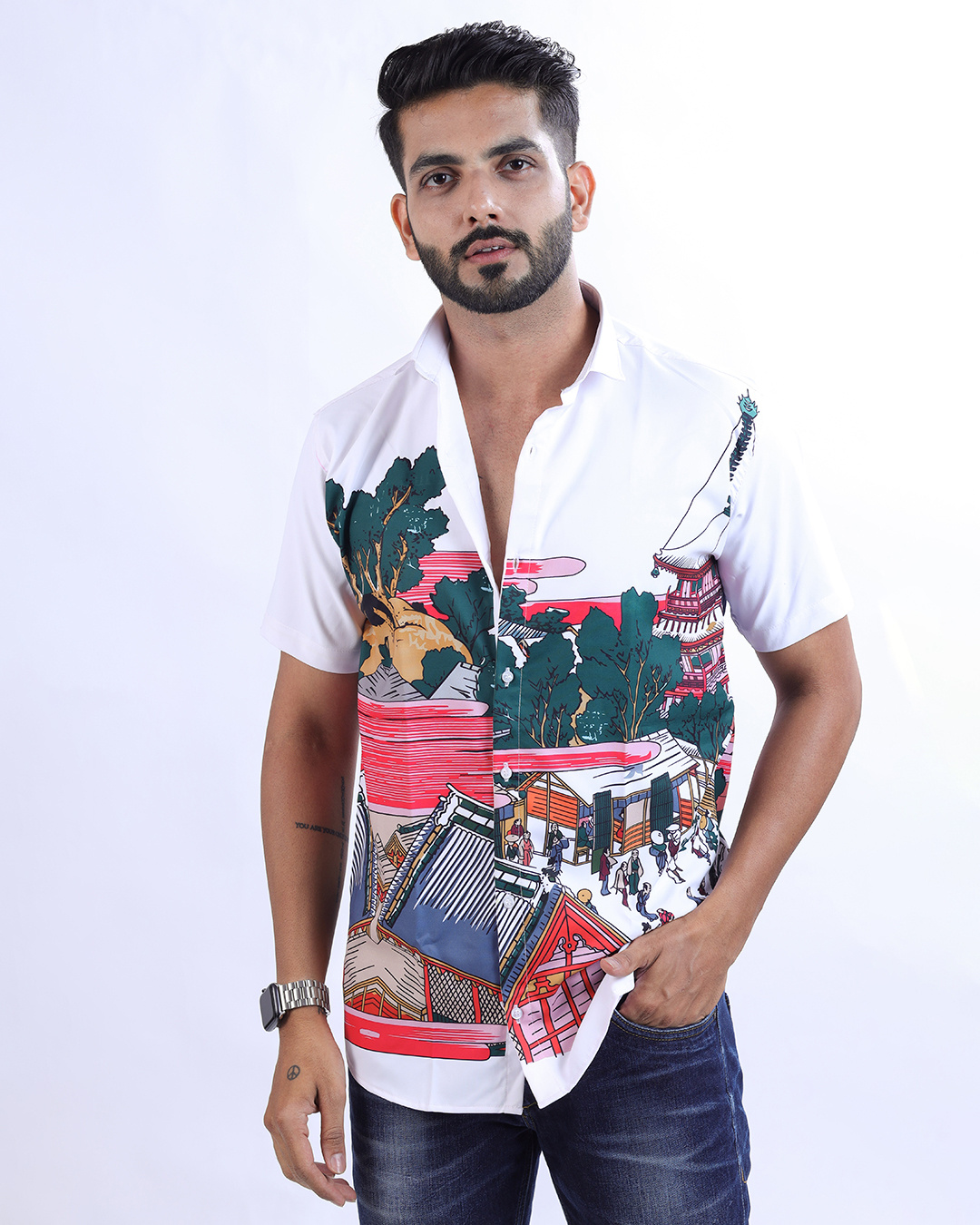 Men's Green Graphic Slim Fit Shirt