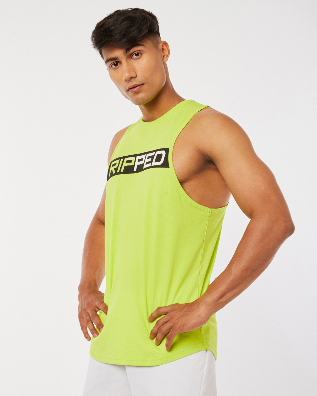 Shop Men's Green Ripped Athleisure Deep Armhole Vest-Back