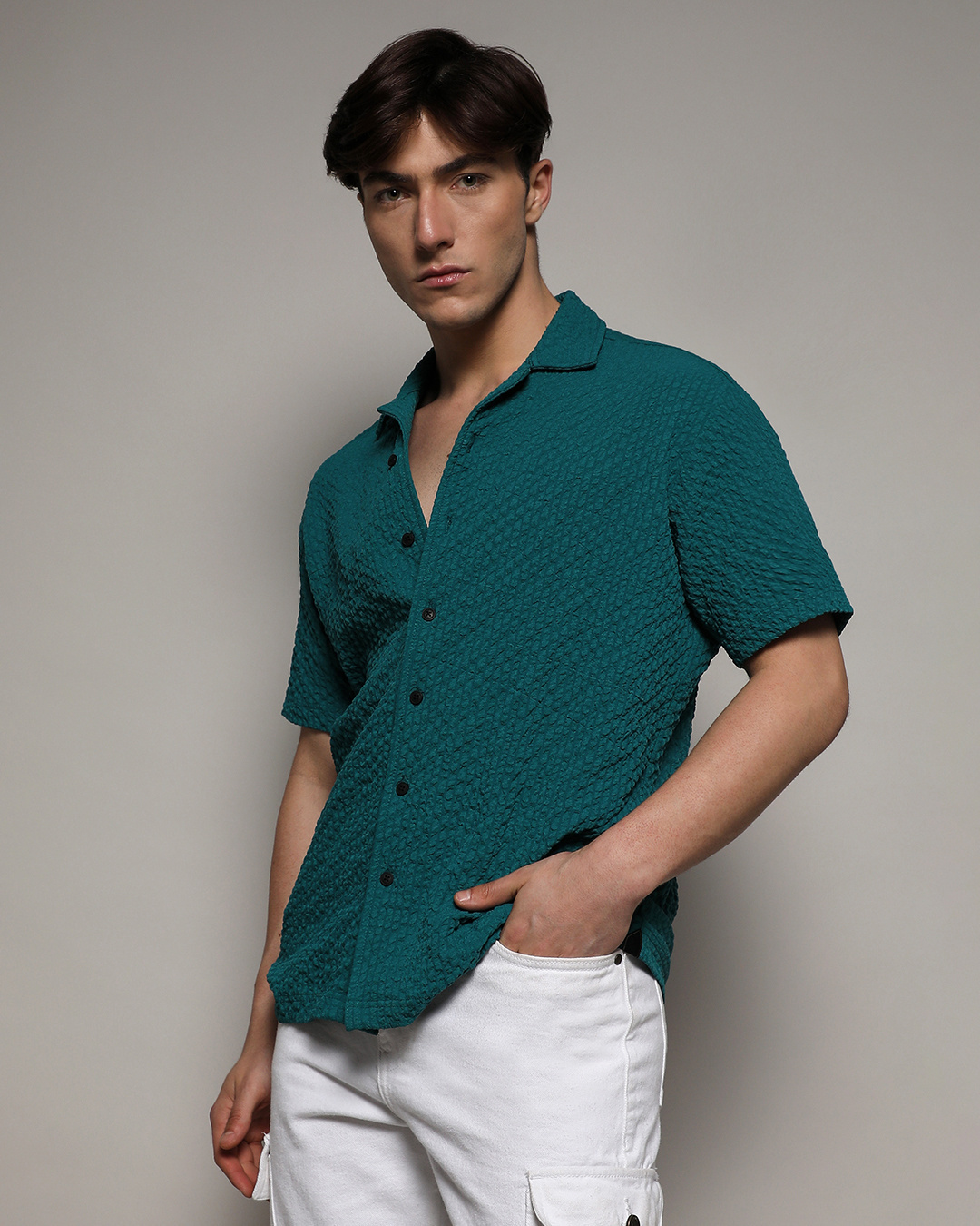 Shop Men's Teal Green Relaxed Fit Textured Shirt-Back