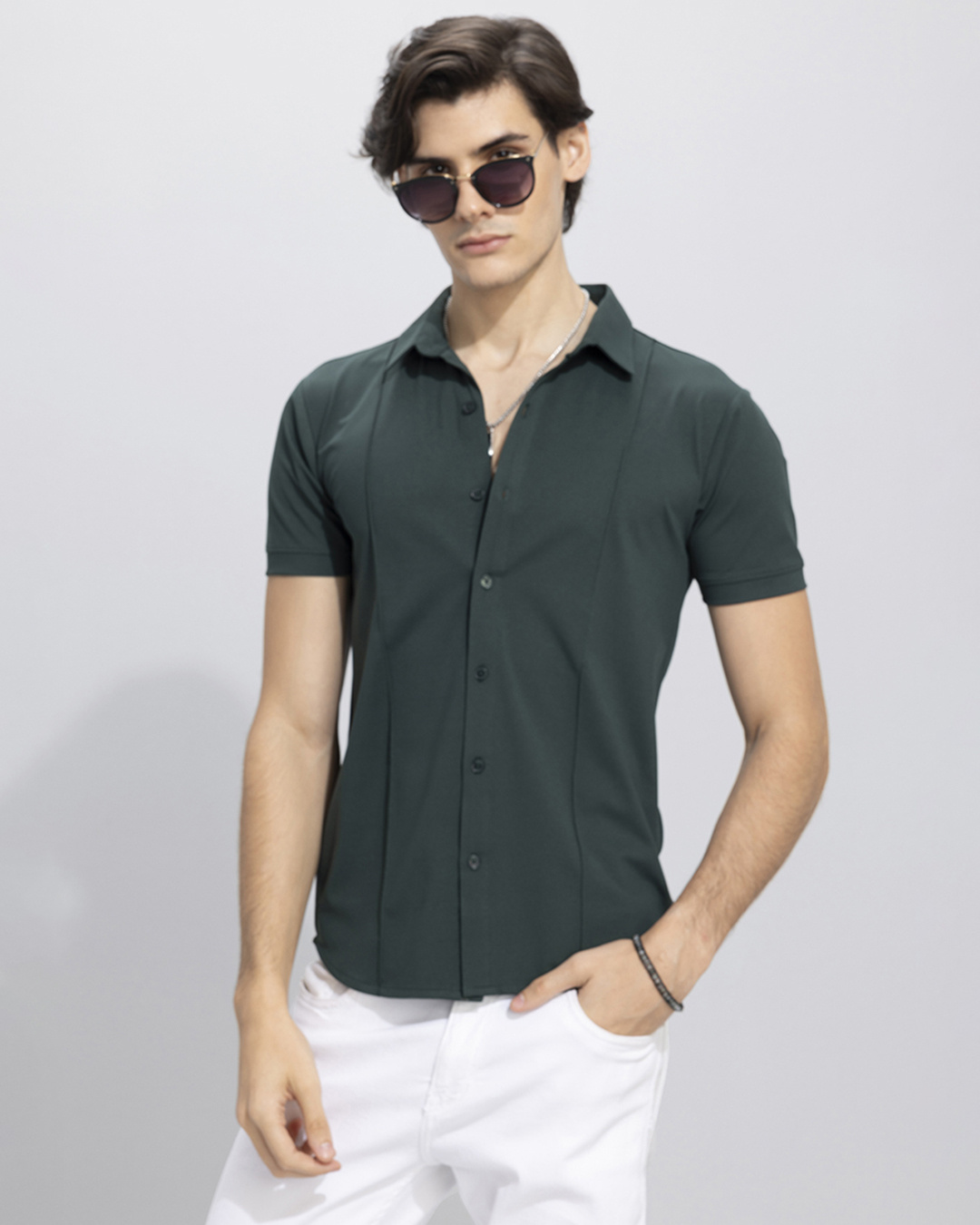 Men's Green Slim Fit Horizontal Stripes Shirt