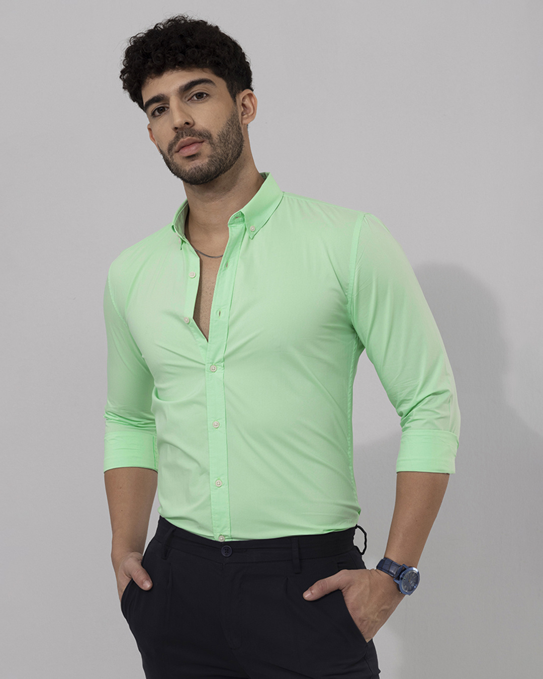 Green Slim Straight Fit Regular Collar Short Sleeves Men's Shirt by Being Human Clothing