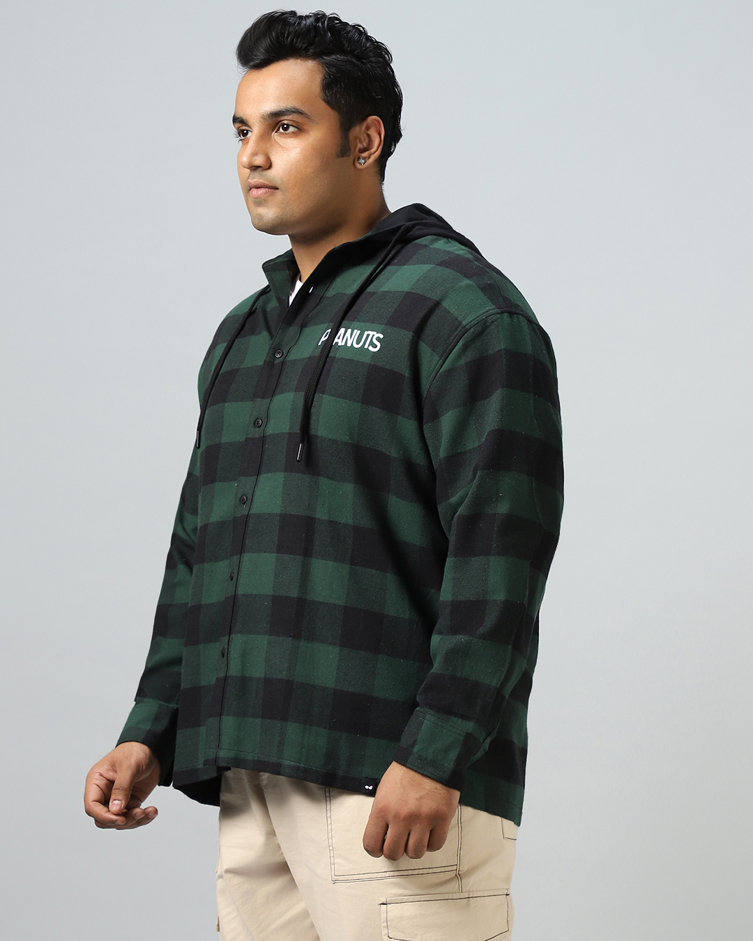 Shop Men's Green Snoopy Checked Oversized Plus Size Hooded Shirt-Back