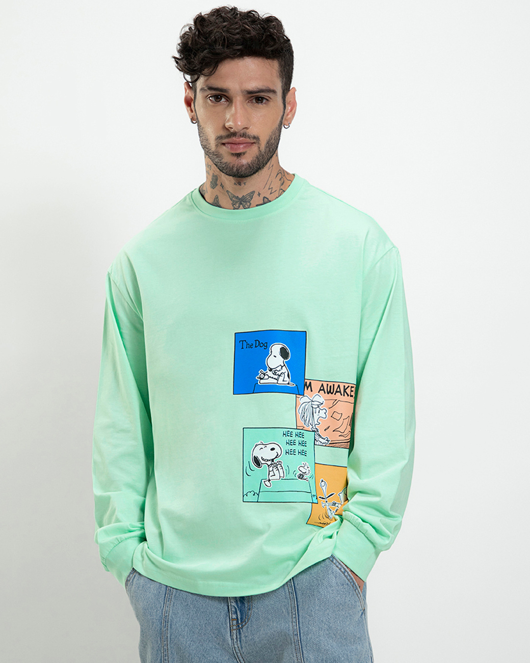 Shop Men's Green Snoopy Stripboard Graphic Printed Oversized T-shirt-Back