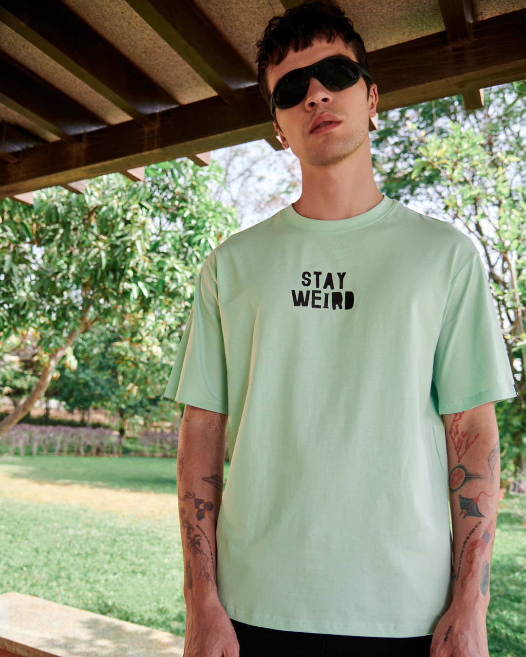 Shop Men's Green Stay Weird Typography Oversized T-shirt-Back