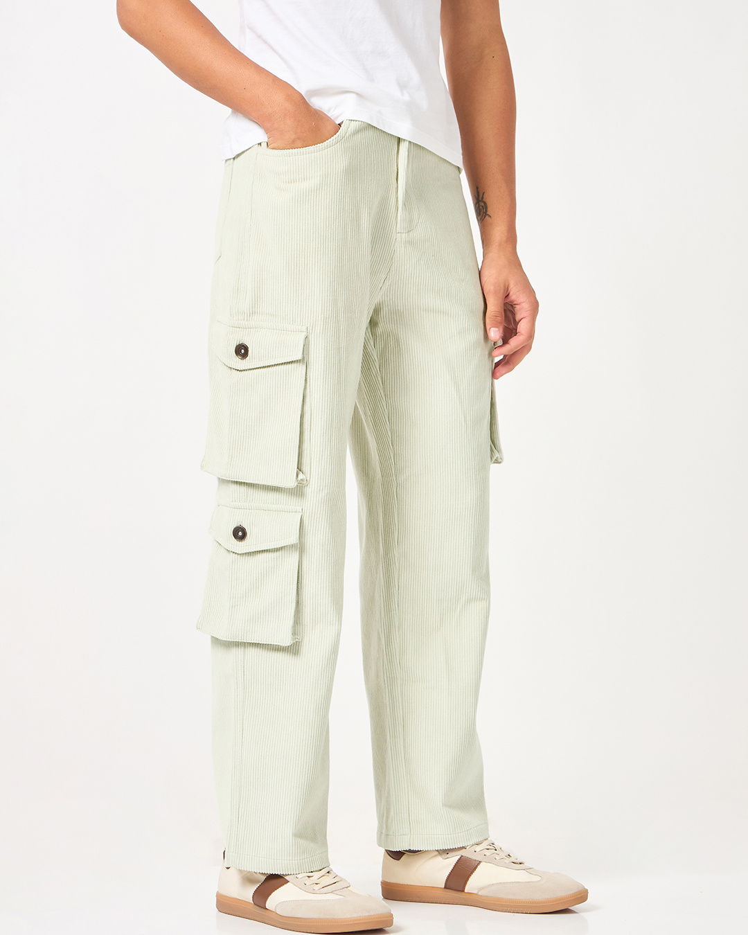 Shop Men's Light Green Straight Fit Cargo Corduroy Pants-Back