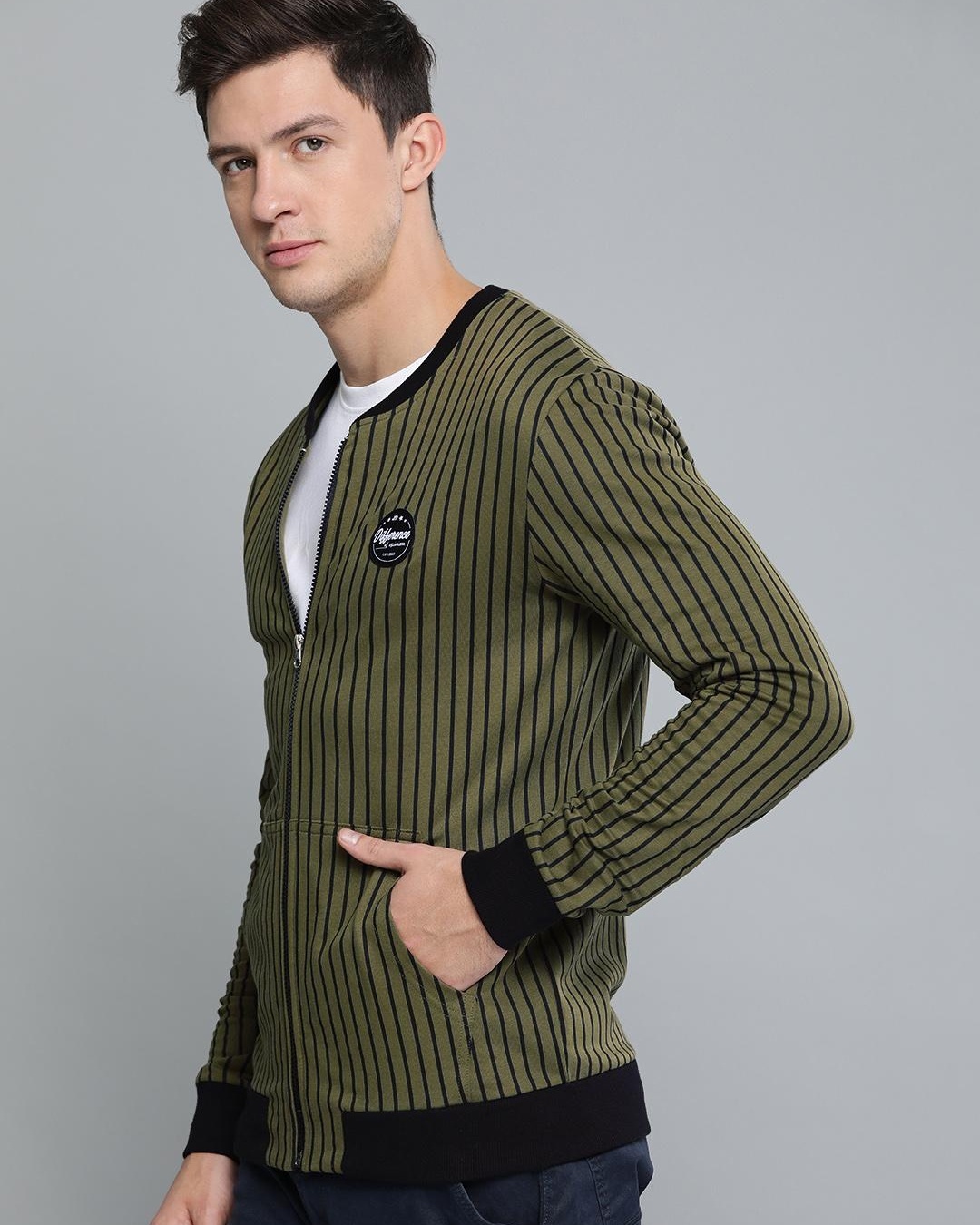 Shop Men's Green Striped Bomber Jacket-Back