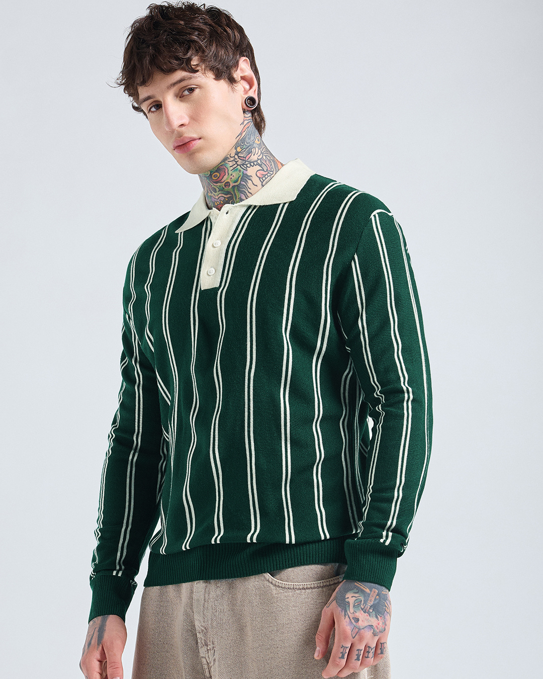 Shop Men's Green Striped Oversized Polo Sweater-Back