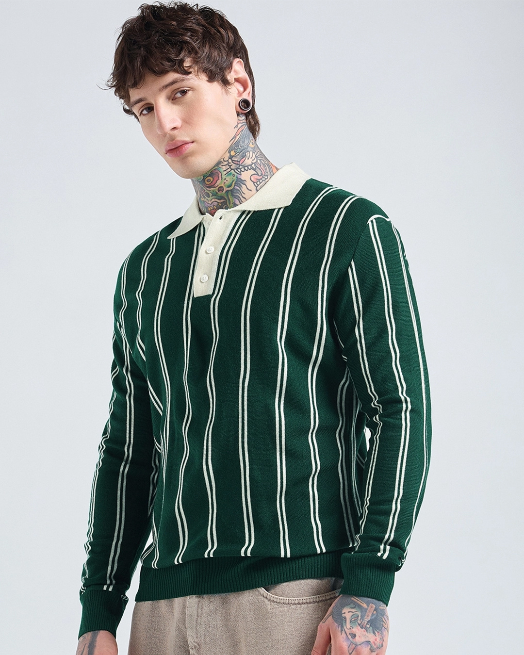 Shop Men's Green Striped Oversized Polo Sweater-Back