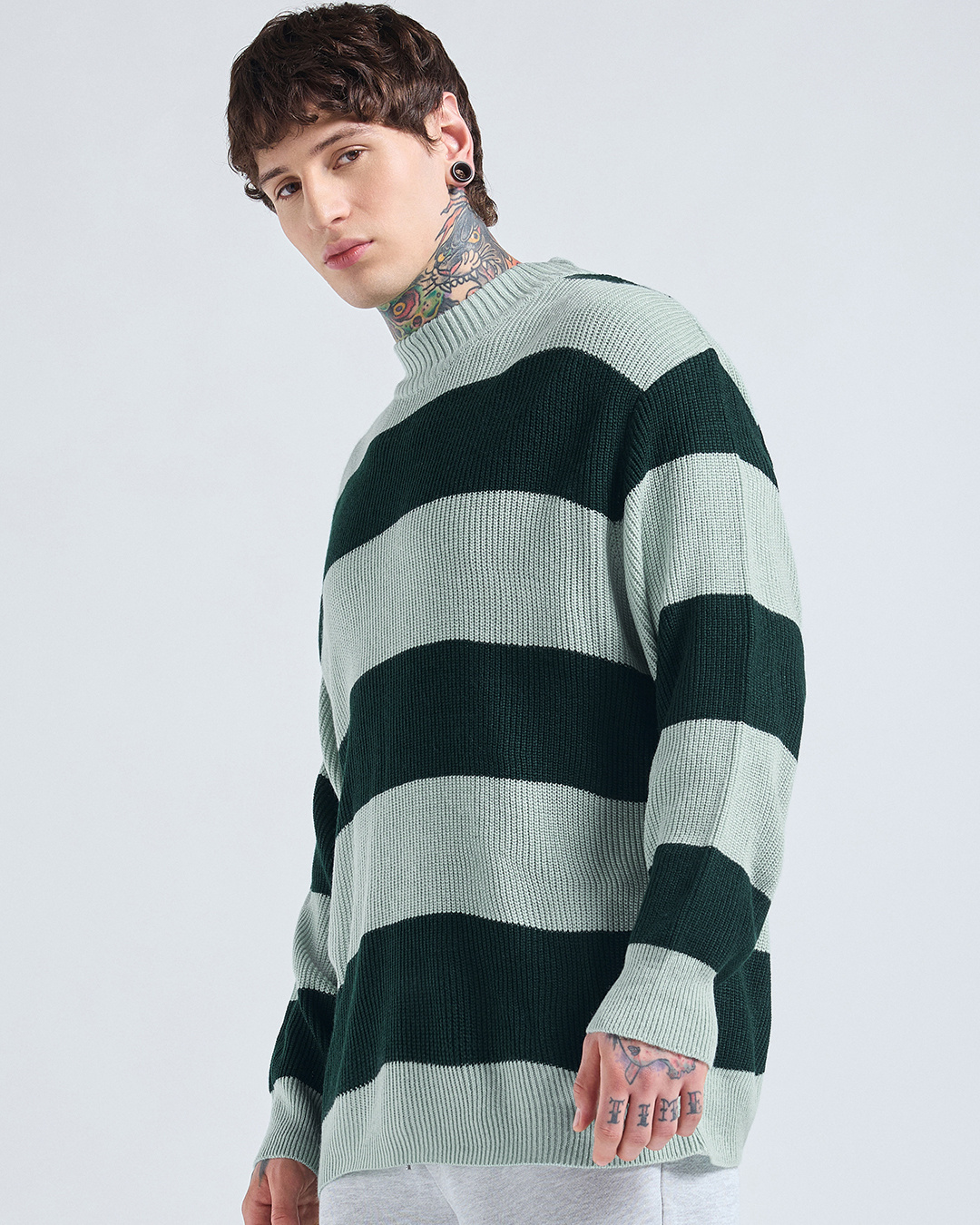 Shop Men's Green Striped Oversized Sweater-Back