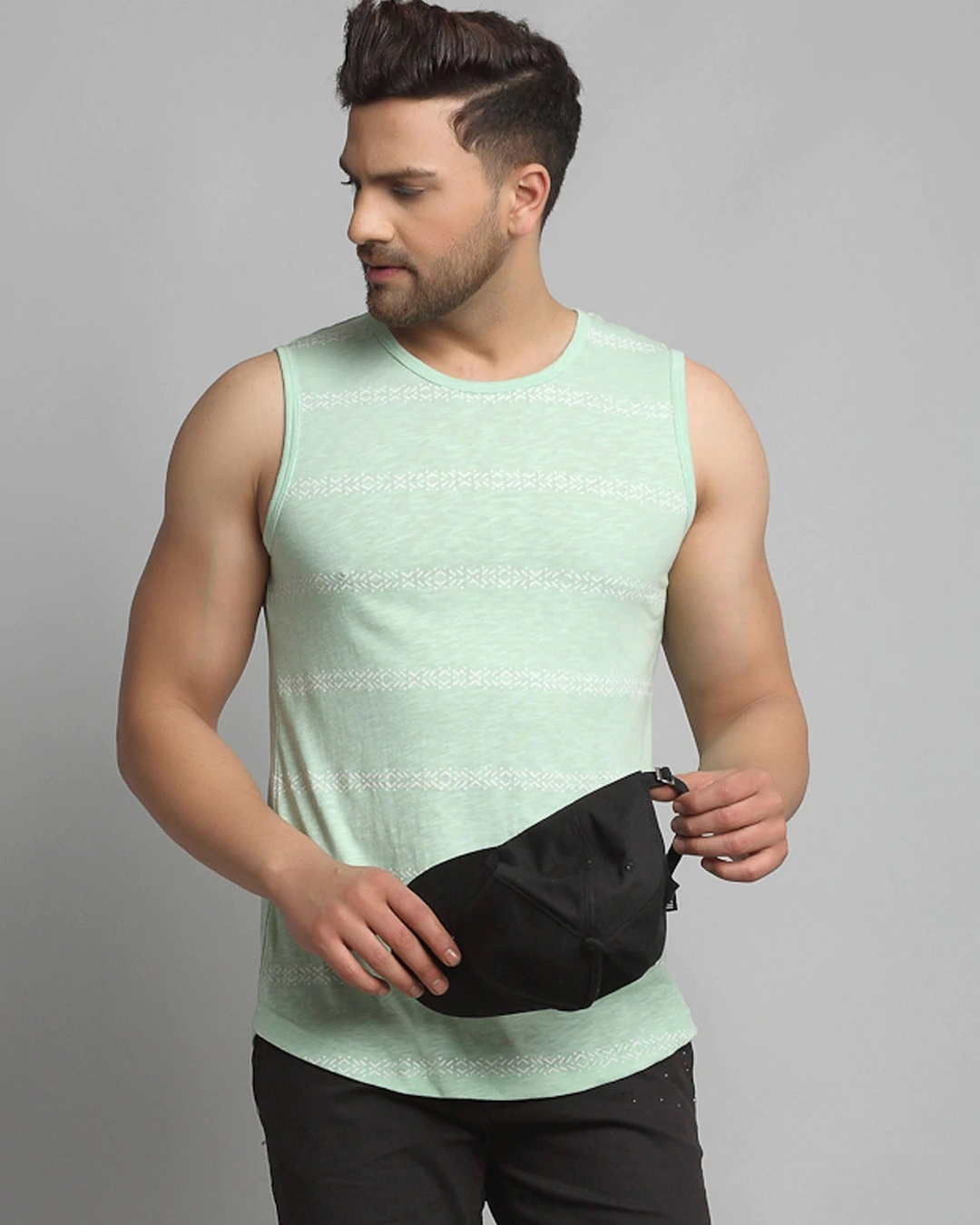Shop Men's Green Striped Printed Slim Fit Vest-Back