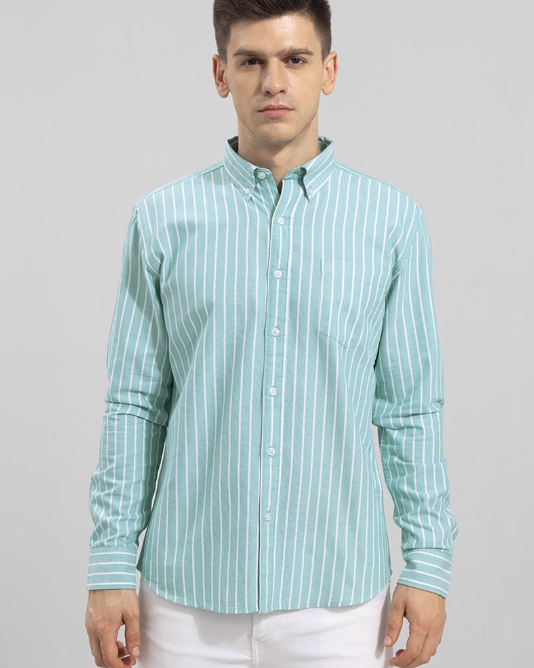 Men Brown & Green Stripe Paint Relax Fit Shirt