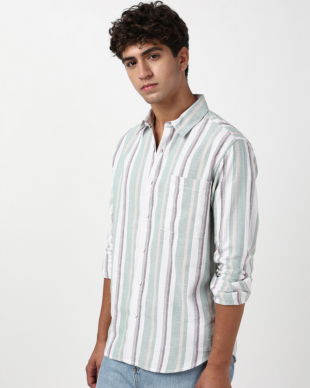 Shop Men's White & Green Striped Shirt-Back