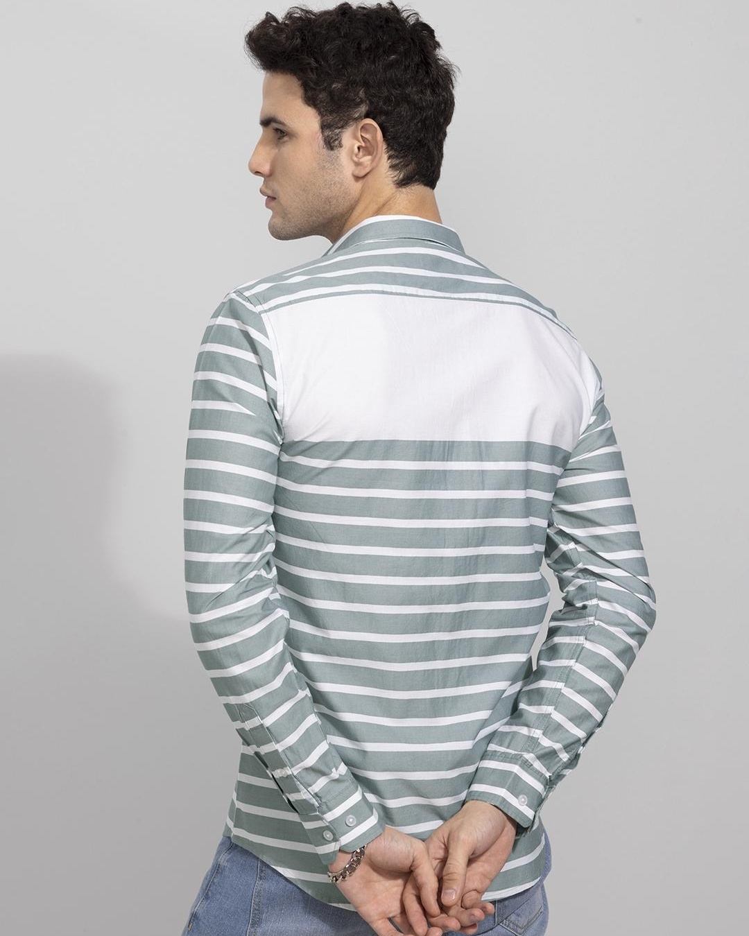 Shop Men's Green Striped Slim Fit Shirt-Back