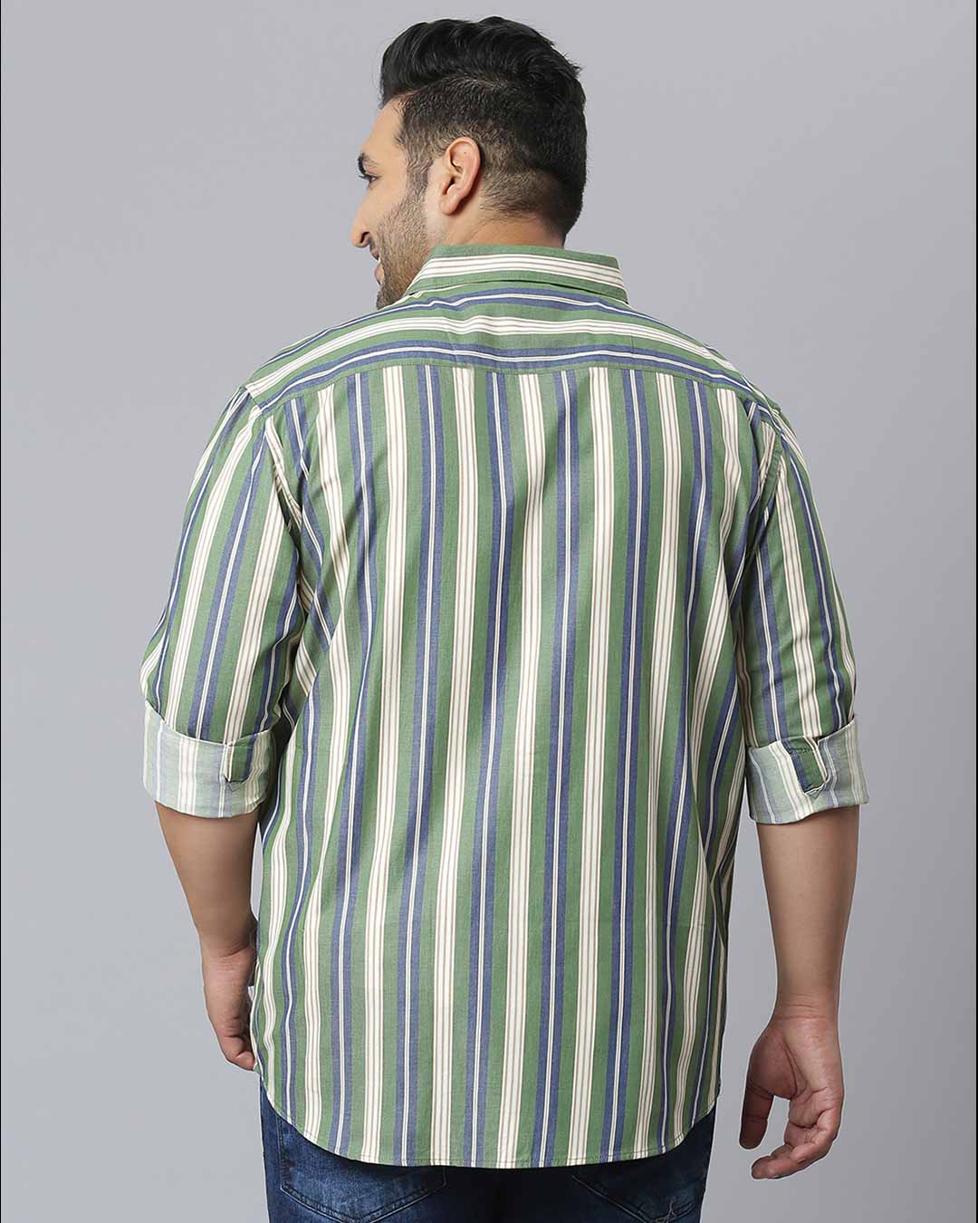 Shop Men's Green Striped Stylish Full Sleeve Casual Shirt-Back