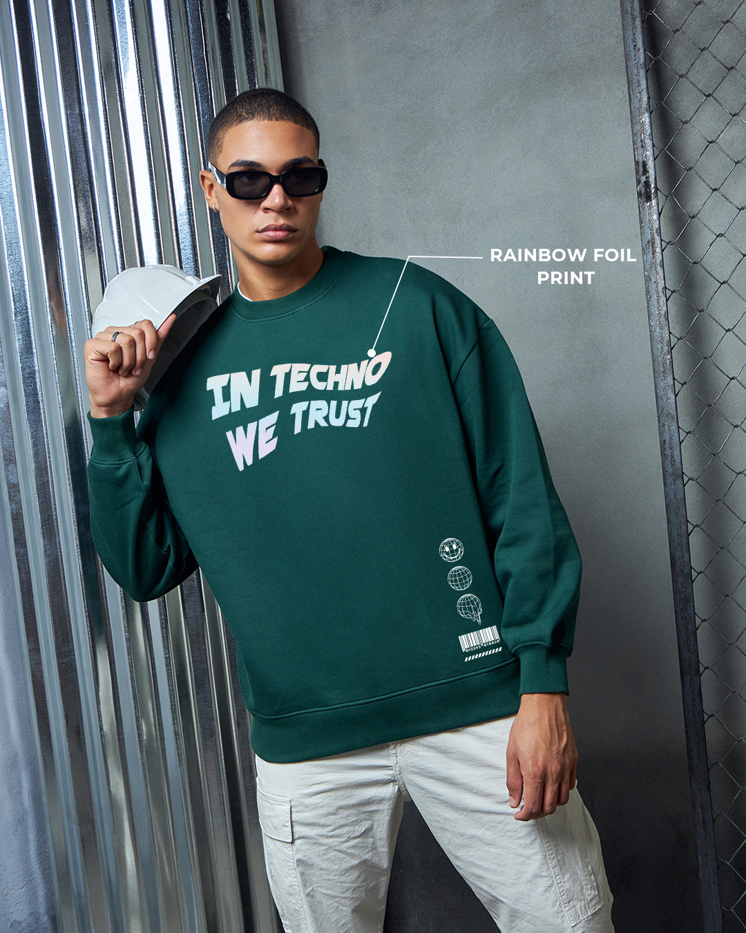 Shop Men's Green Techno Rave Graphic Printed Oversized Sweatshirt-Back
