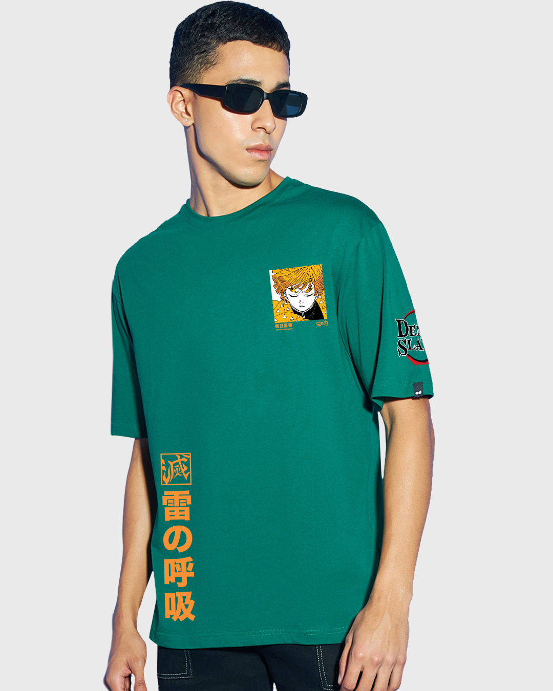 Shop Men's Green Thunder Breathing Zenitsu Graphic Printed Oversized T-shirt-Back