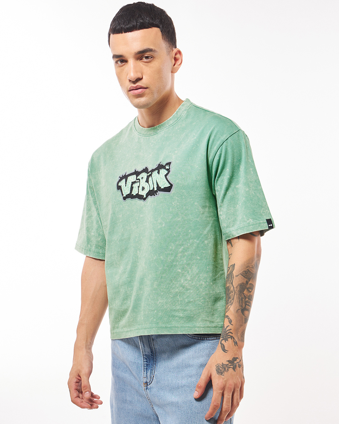 Shop Men's Green Vibin Graphic Printed Oversized Acid Wash T-shirt-Back