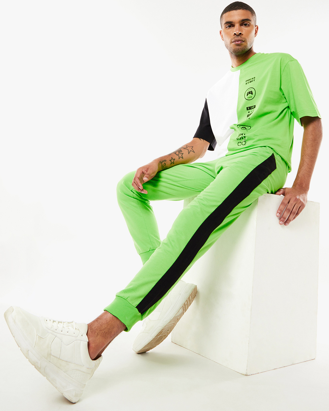 Buy Men's Green & White Press Start Color Block Oversized Fit T-shirt ...