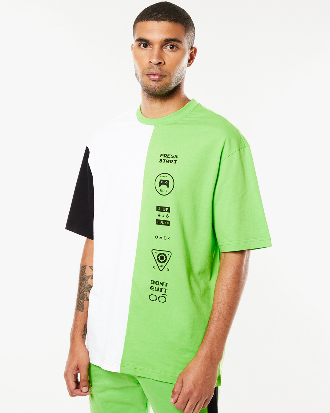 Shop Men's Green & White Press Start Color Block Oversized Fit T-shirt & Jogger Co-Ords-Back