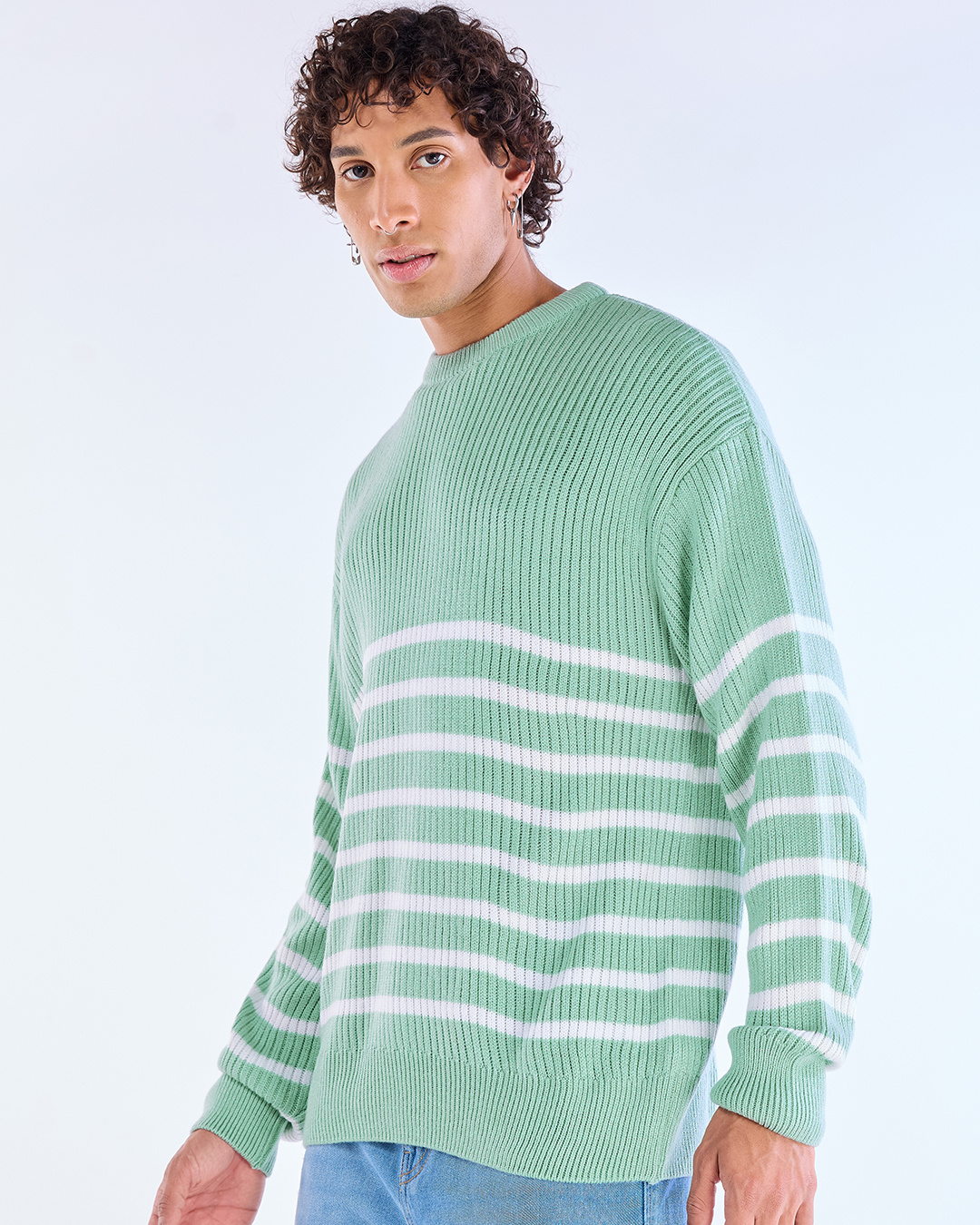 Shop Men's Green & White Striped Super Loose Fit Sweater-Back