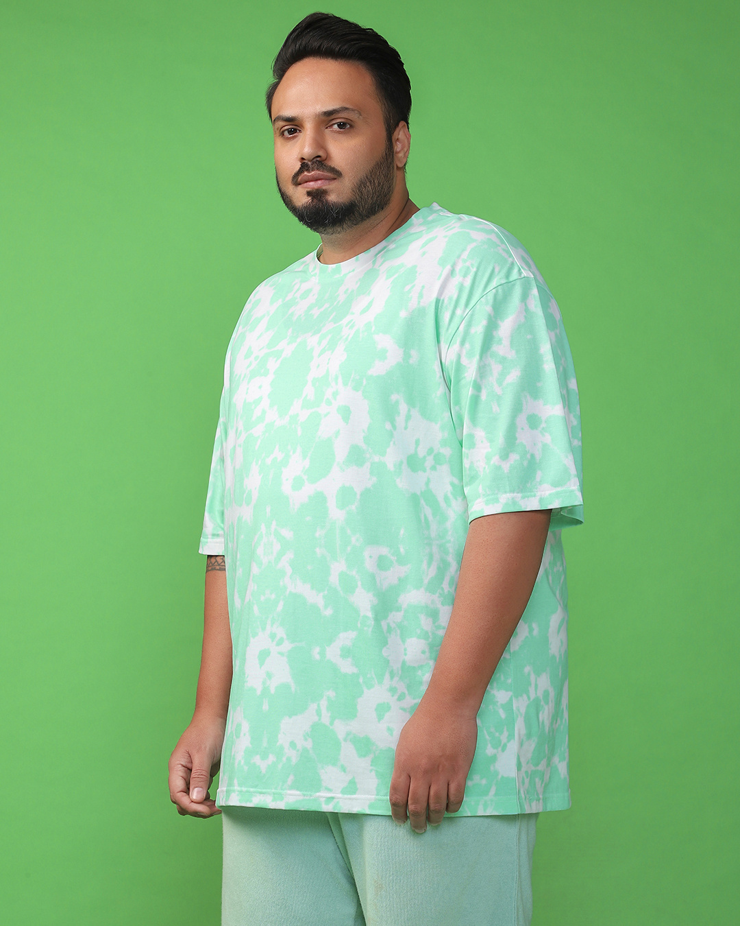 Shop Men's Green & White Tie & Dye Oversized Plus Size T-shirt-Back