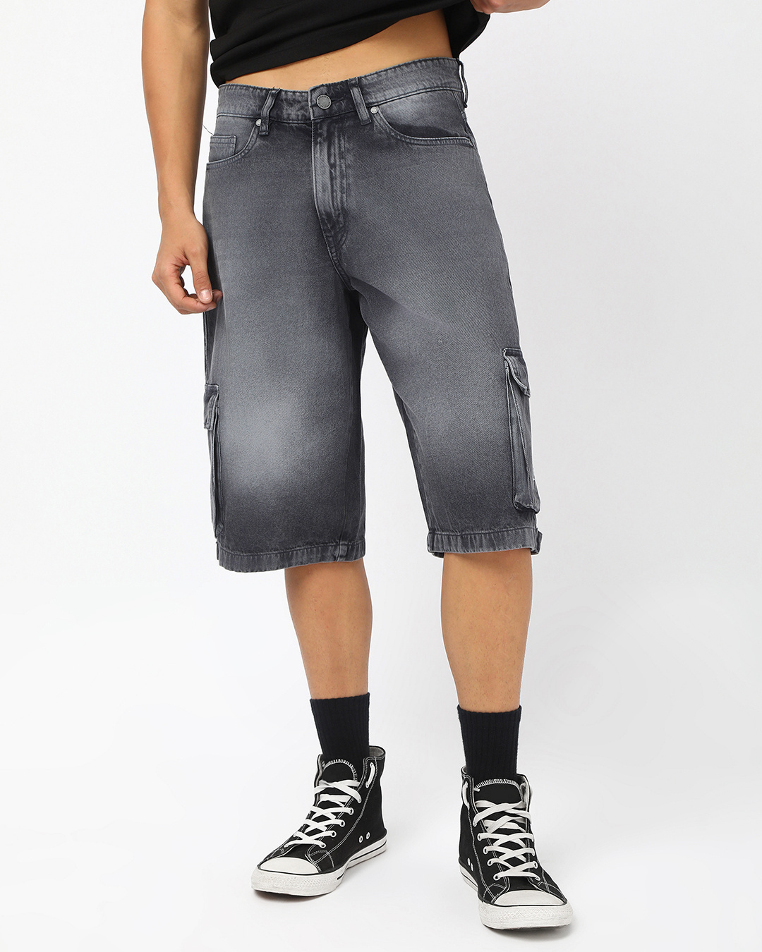 Shop Men's Light Grey Washed Baggy Fit Cargo Shorts-Back