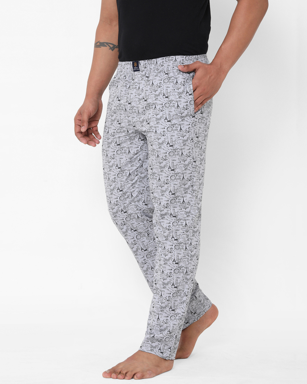 Shop Men's Grey All Over Printed Cotton Lounge Pants-Back