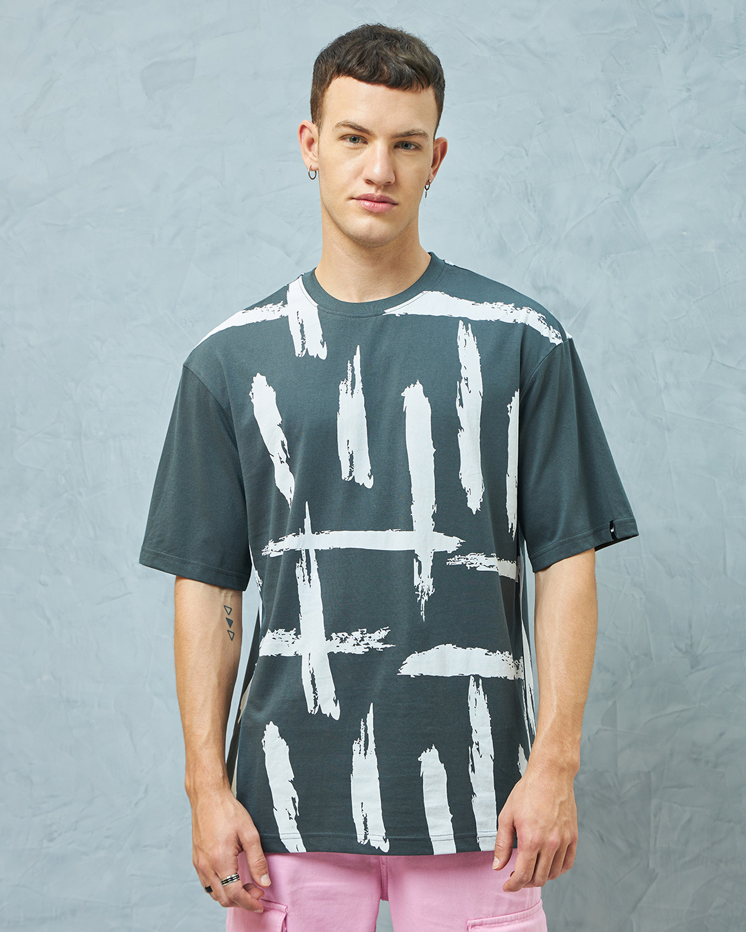 Shop Men's Grey & White All Over Printed Oversized T-shirt-Back