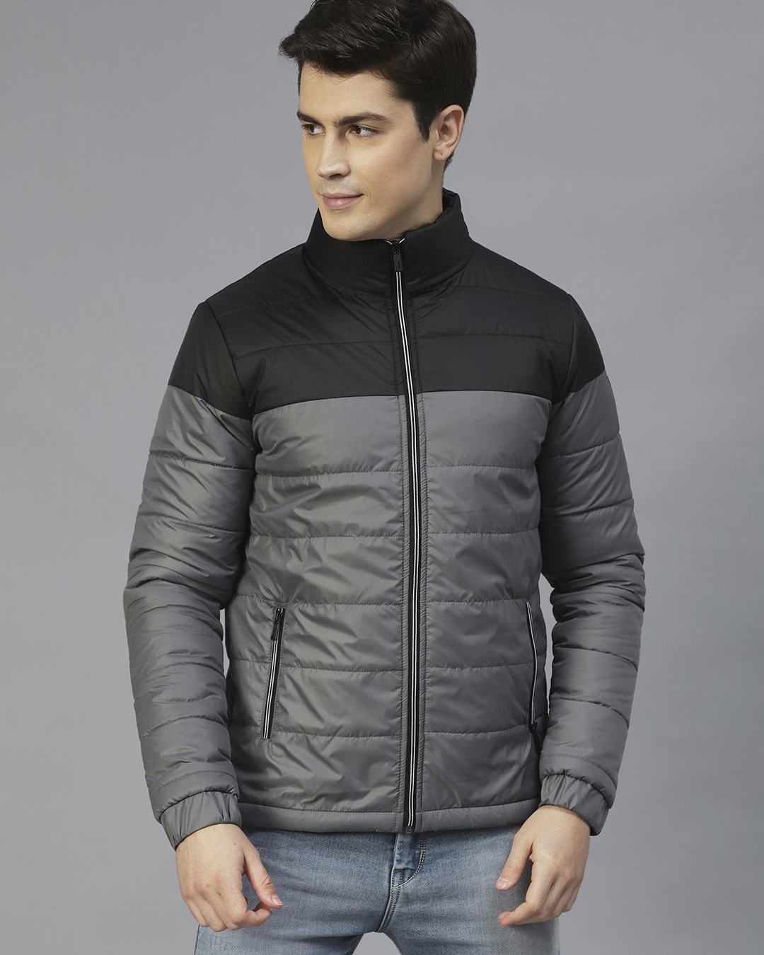 Buy Men's Grey and Black Color Block Puffer Jacket Online at Bewakoof