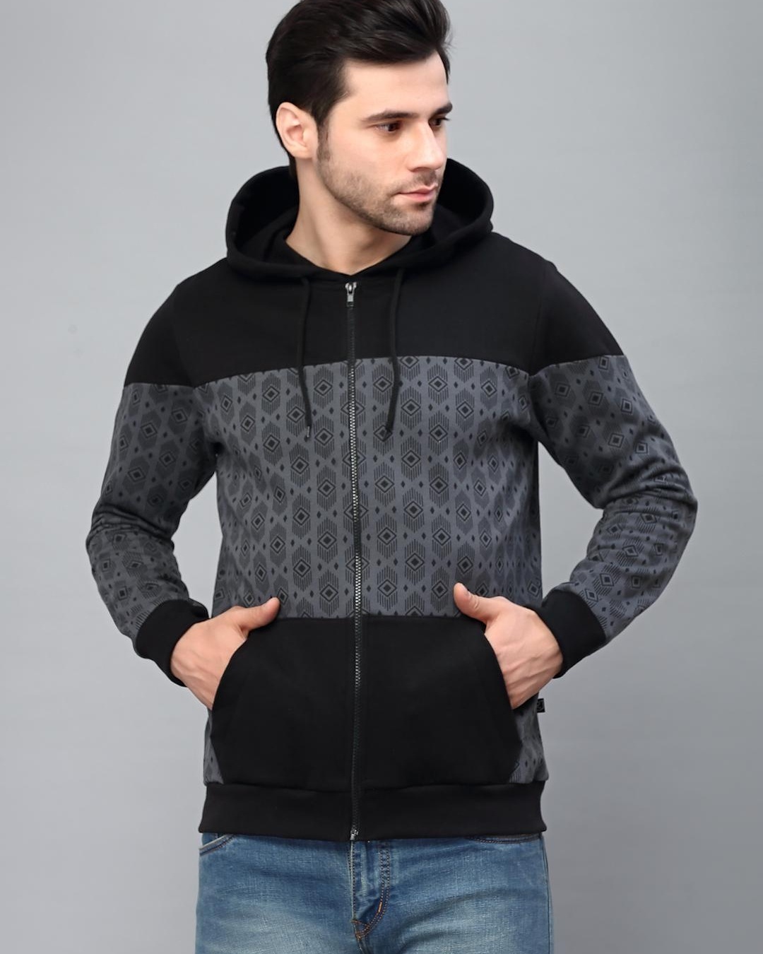 Buy Men's Grey and Black Color Block Slim Fit Hooded Jacket Online at ...