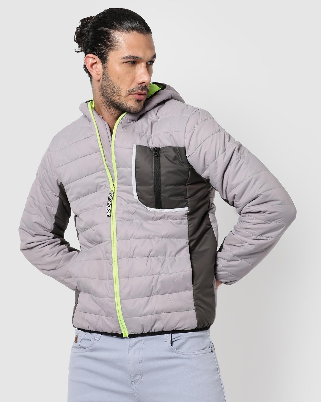 Shop Men's Grey and Black Color Block Hooded Jacket-Back