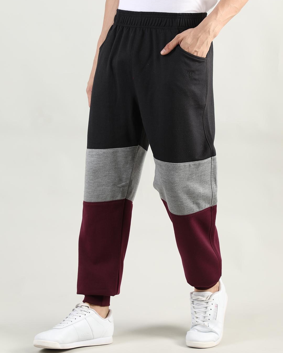 Buy Men S Grey Maroon Color Block Track Pants Online At Bewakoof