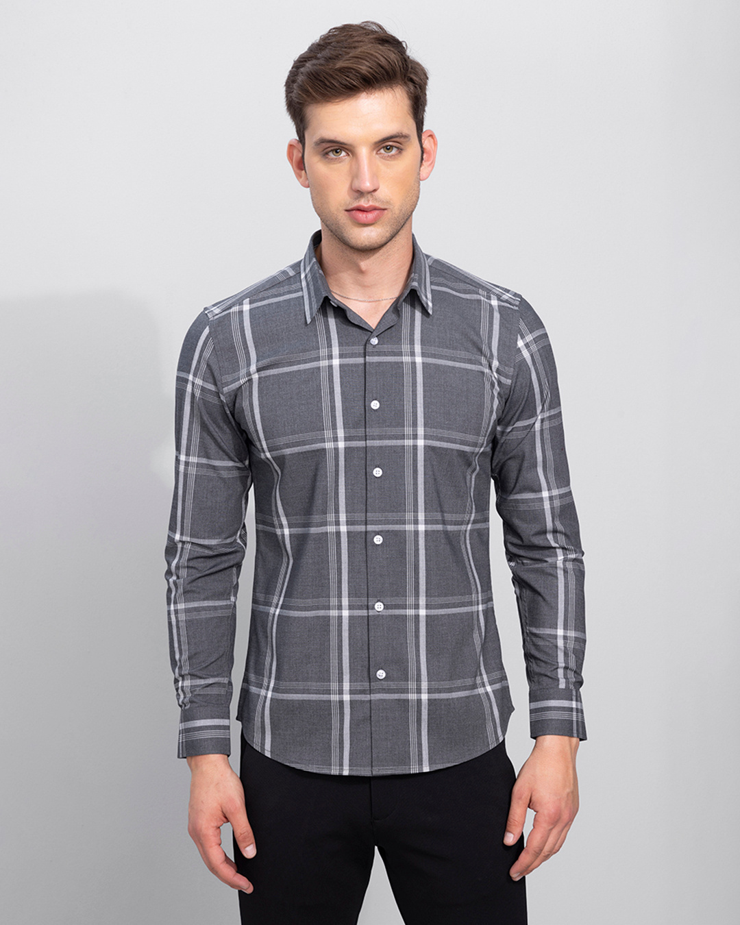 Shop Men's Grey Aray Checked Slim Fit Shirt-Back