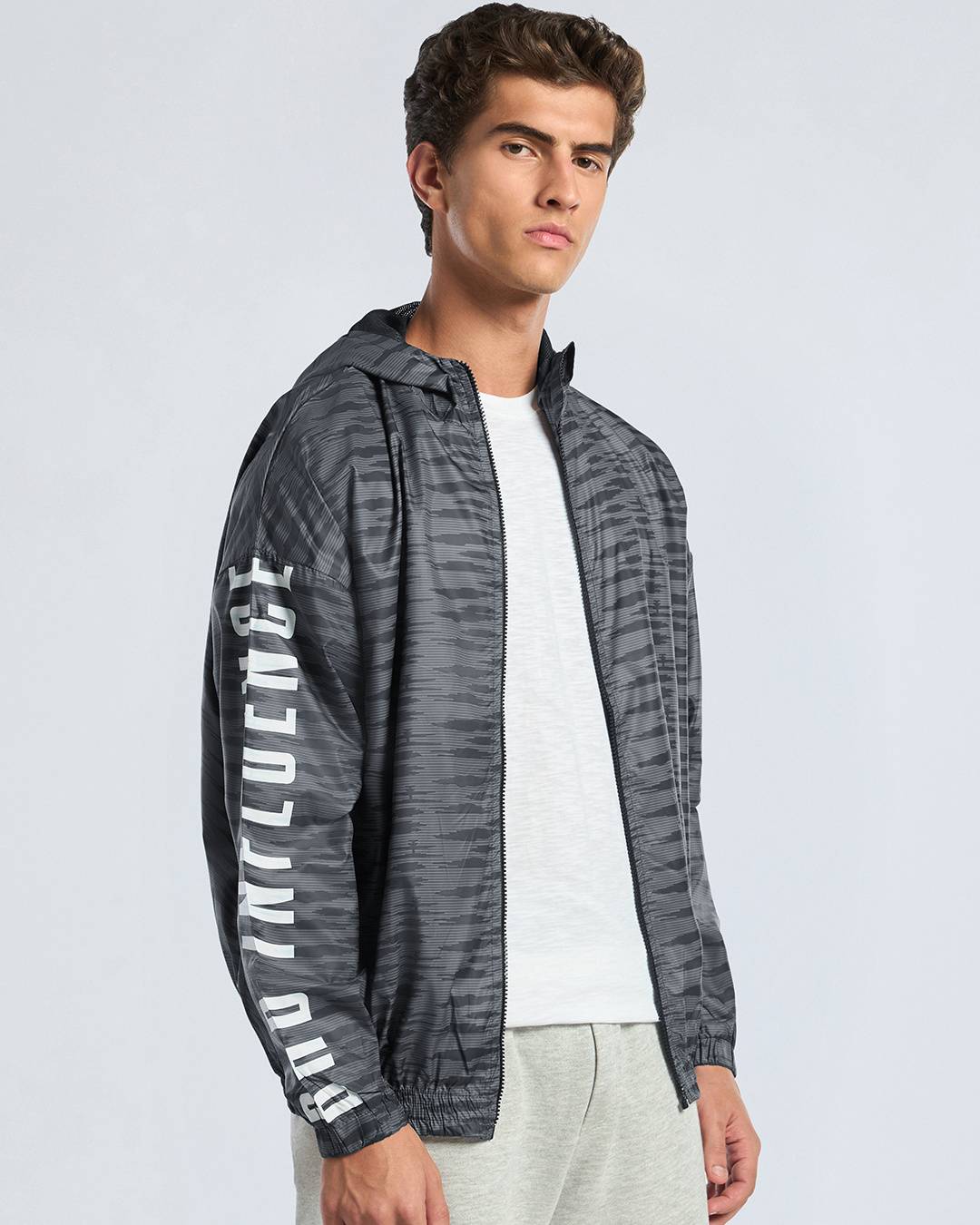 Shop Men's Grey Bad Influence Typography Super Loose Fit Windcheater Jacket-Back