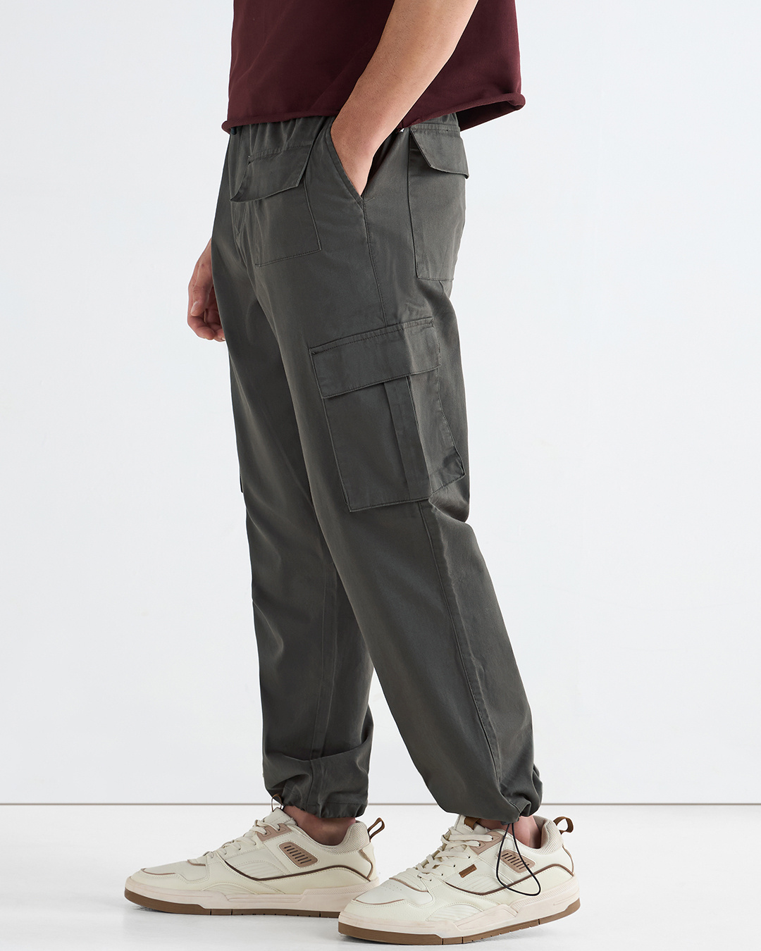 Shop Men's Grey Baggy Oversized Cargo Parachute Pants-Back