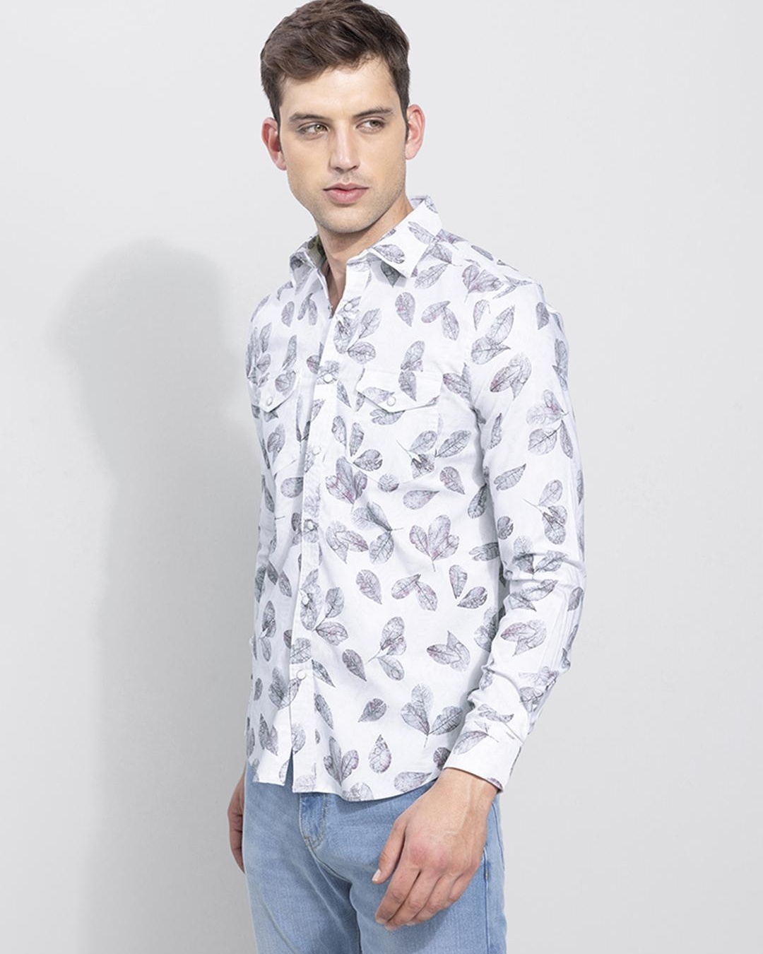 Shop Men's Grey Beach Leaf Printed Slim Fit Shirt-Back