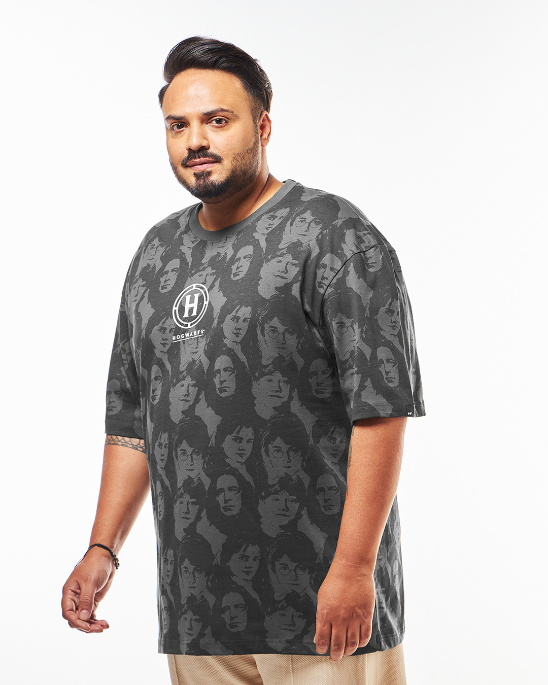 Shop Men's Grey & Black All Over Printed Oversized Plus Size T-shirt-Back