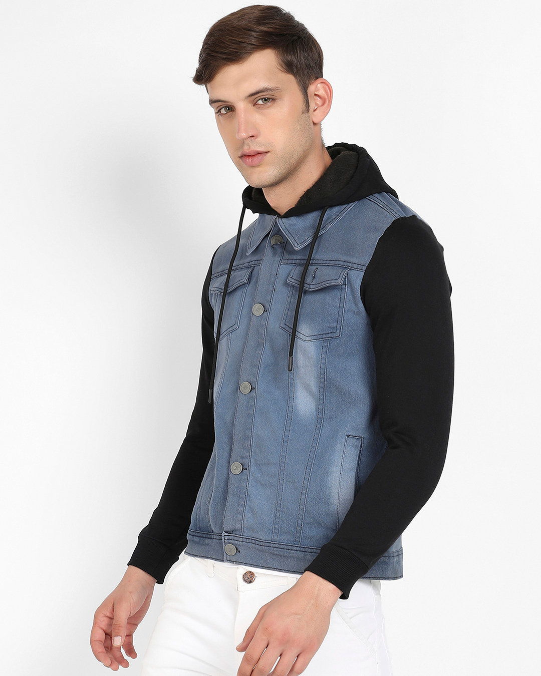 Buy Men's Blue & Black Color Block Hooded Denim Jacket Online at Bewakoof